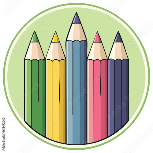 Colorful pencils in green circle creative design illustration. School art supplies icon, education concept.