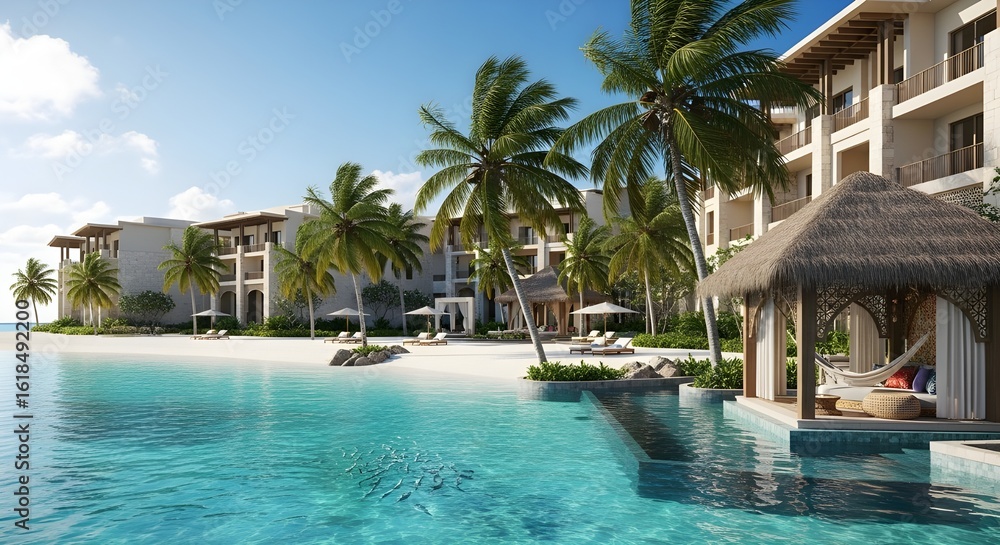 Fototapeta premium Luxurious waterfront resort offers beachfront relaxation getaway
