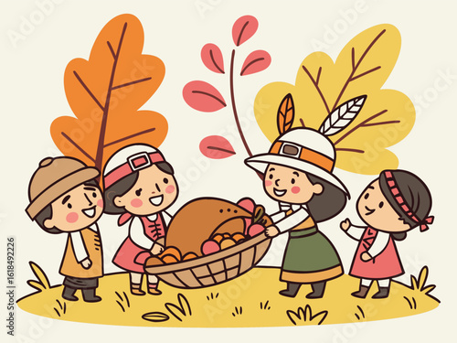 Vector art of a group of children dressed as pilgrims and native americans carrying a thanksgiving basket