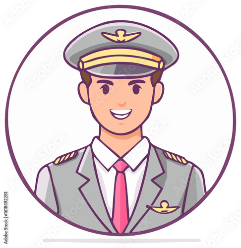Smiling male pilot in uniform and hat with gold emblem, professional airline crew member cartoon illustration