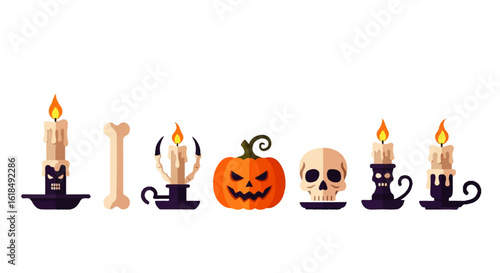 Spooky Halloween Collection: Dripping Candles Bone Jack-o-lantern and Skulls.