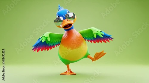 Colorful duck with cool shades doing boogie dance on plain green background