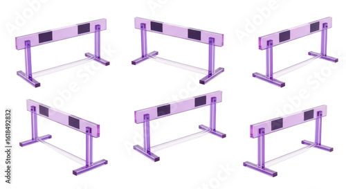 Six purple hurdles arranged ready for a race on a white backdrop used in track & field simulations