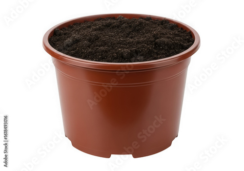 Brown plastic flowerpot filled with soil isolated on transparent background
