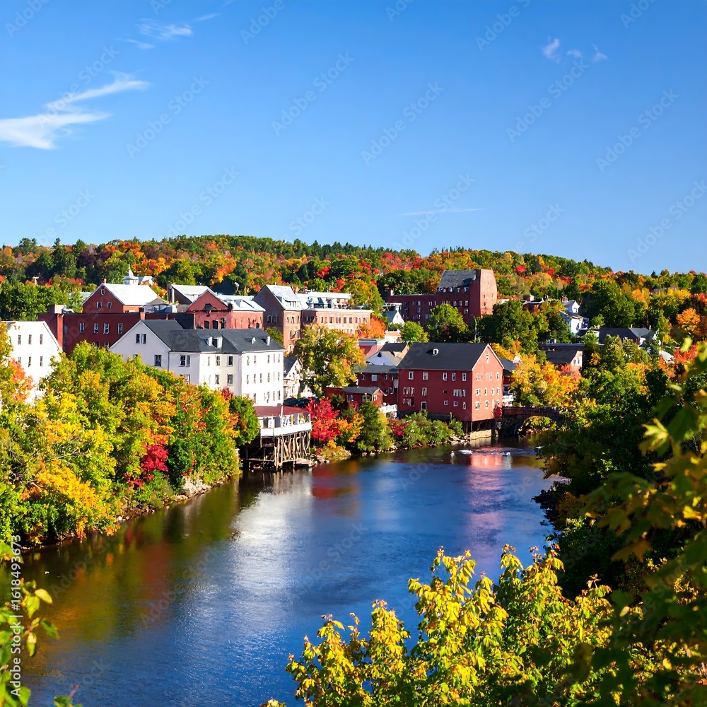 Fototapeta premium Autumn town by river (2)