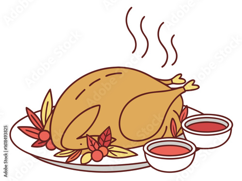 Vector art of a delicious roasted turkey on a plate with sauce for a thanksgiving dinner, isolated on white background