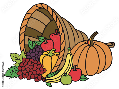 Vector art of a bountiful cornucopia filled with fruits and vegetables for thanksgiving, isolated on white background