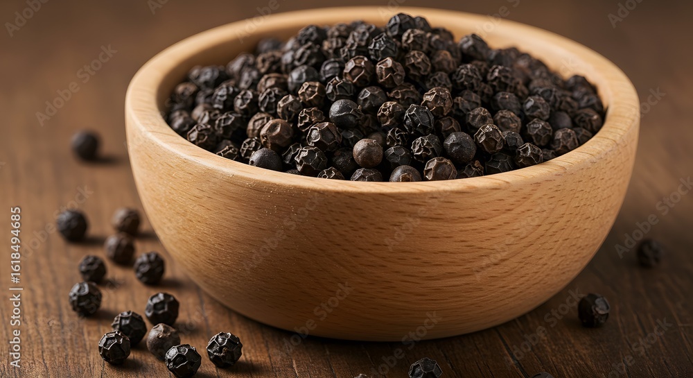 Wooden bowl filled with black peppercorns Wooden bowl filled with black peppercorns