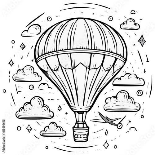 Whimsical hot air balloon soaring above clouds, black and white line art illustration, adventurous sky journey
