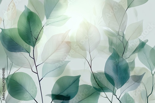 Abstract translucent leaves in soft greens and pastels