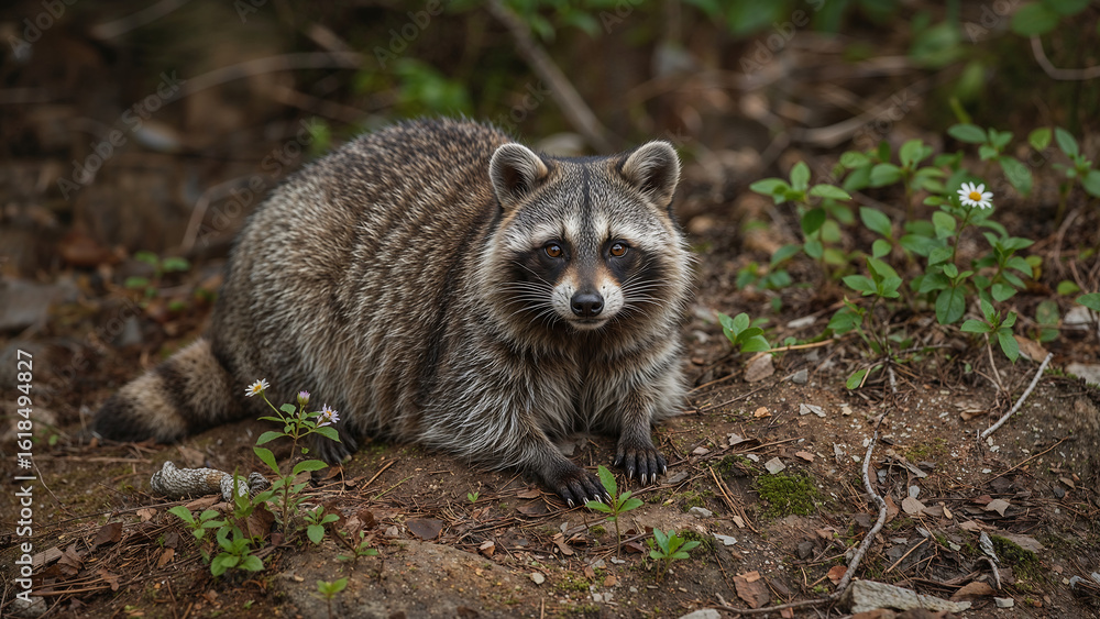 Obraz premium Wildlife Portrait of Raccoon Dog in Lush Mossy Forest Habitat