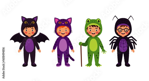 Four Children in Adorable Animal and Insect Halloween Costumes.