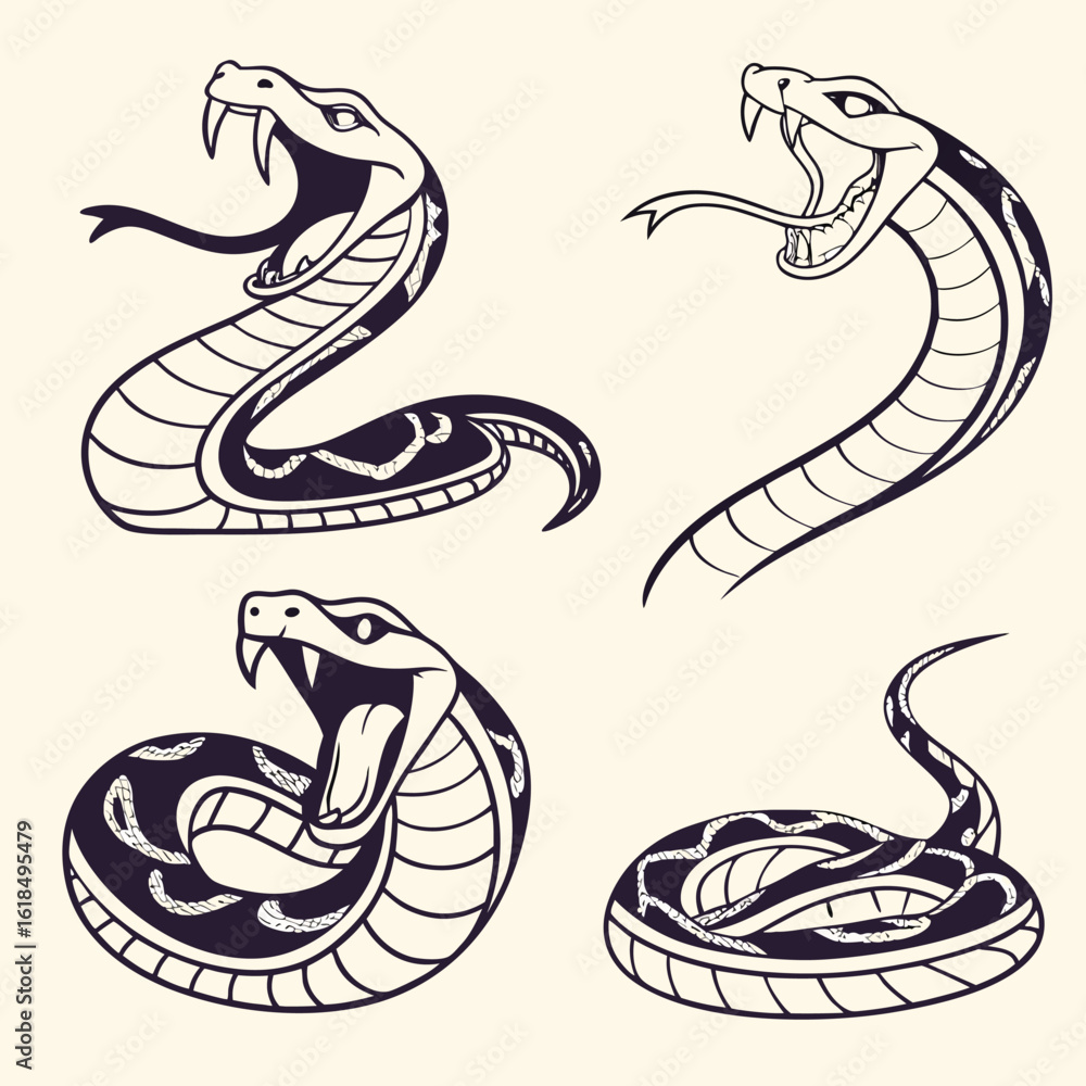 Fototapeta premium Stylized striking snakes fangs open mouth