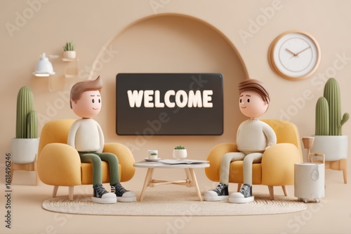 A 3D render of a HR manager interviewing a candidate in an office setting. The couple is sitting across from each other, engaged in conversation.
