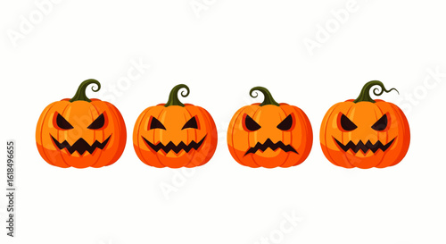 Four grinning and grimacing carved Halloween pumpkins with green stems.
