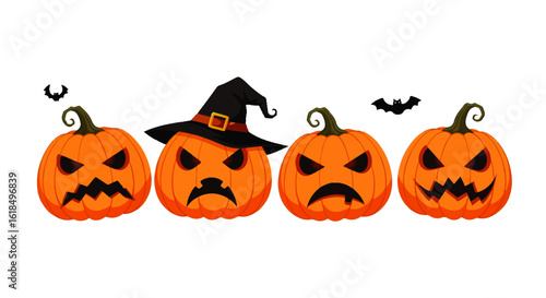 A row of four expressive cartoon Jack-o-lanterns with angry and sad faces one wearing a witch hat.