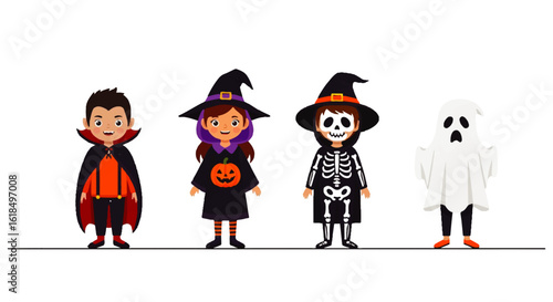 Cute cartoon children in Halloween costumes: a vampire witch skeleton and ghost standing in a row.