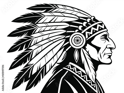 Vector art of a striking portrait of a native american chief with a feather headdress in black and white