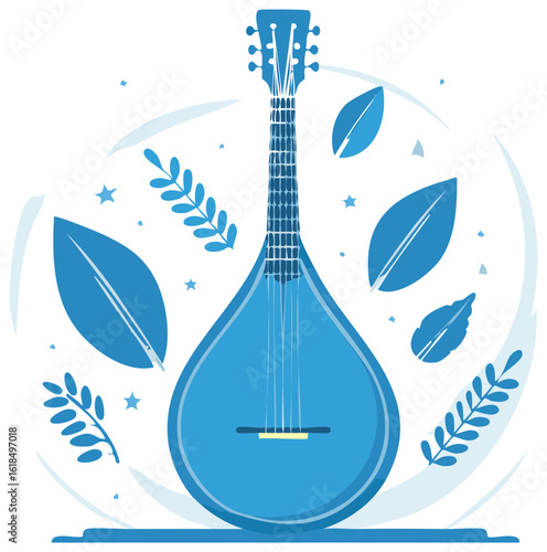 Musical instrument balalaika surrounded by leaves and stars in blue tones for decoration and graphic elements