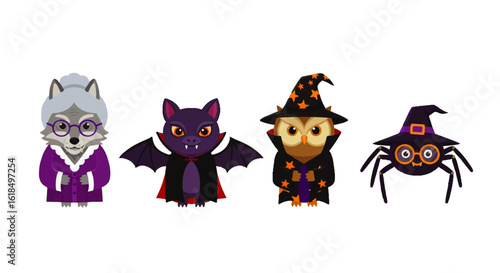 Cartoon Halloween Characters: Wolf Grandma Bat Owl Wizard and Spider.