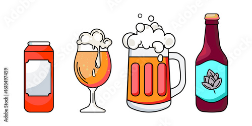 Set of beer illustrations including can glass mug and bottle with foam in flat cartoon style perfect for menus packaging branding and beverage themed designs. Vector illustration