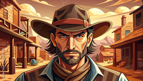In this portrait of cowboy, western movie scene in wild west town, dusty streets and wooden saloons frame his stance. Semi-realistic details reflect strength, silence, and classic frontier drama.