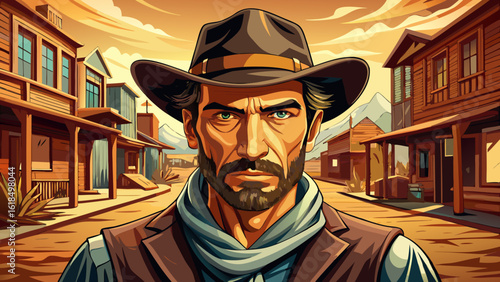 In this portrait of cowboy, western movie scene in wild west town, dusty streets and wooden saloons frame his stance. Semi-realistic details reflect strength, silence, and classic frontier drama.