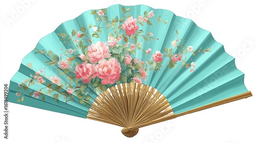 Teal fan with blooming pink flowers and gold base against a white background