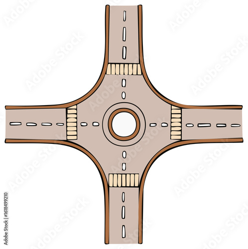 Cartoon Crossroads with Roundabout and Crosswalks Illustration
