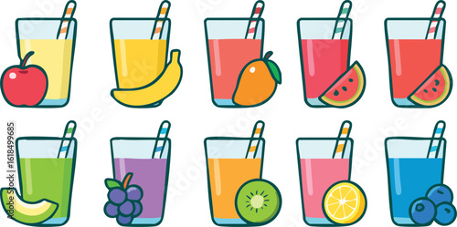 A colorful collection of fresh fruit juices in glasses with straws, each with its corresponding fruit.