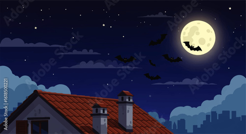 Bats flying over a tiled rooftop on a spooky Halloween night with a full moon and city silhouette.