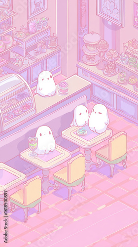 Cute pastel cafe with tiny ghosts enjoying desserts and drinks