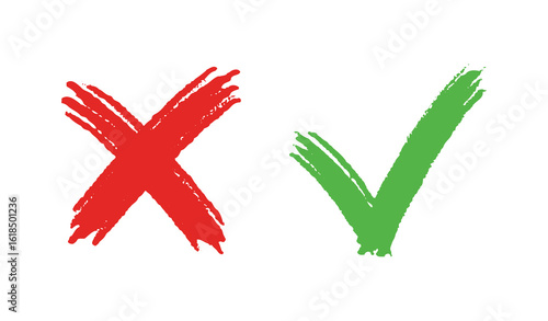 grunge hand drawn with brush strokes cross x and tick OK check marks. red cross and green check mark isolated on white background.