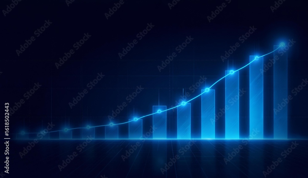 Fototapeta premium Ascending Bar Graph with Glowing Line, Representing Growth in a Dark Background