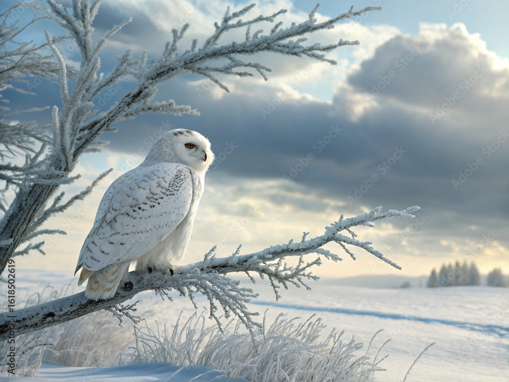 Fototapeta premium Snowy Owl on Tree Branch at Dusk