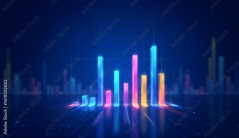 Fototapeta premium Dynamic Neon Bar Graph Displaying Data Trends in a Futuristic Setting