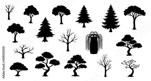 Silhouette collection of diverse tree designs featuring leafless and evergreen variants