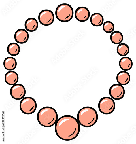 Pink bead necklace, round pearl style, with black outline, vector illustration