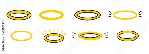 angels halo, nimbus doodle icon set. vector flat icon design yellow halo on white background. logo template halo element religion theme.
