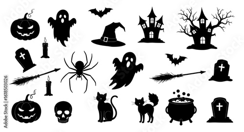 Spooky halloween icons: ghosts, bats, and haunted houses in silhouette style