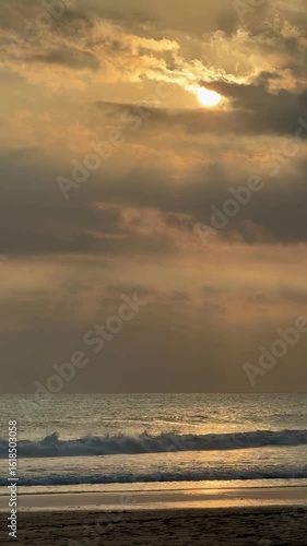 Sea sand sky concept, sunset colors clouds beachfront horizon. Inspire waves beams, meditation nature landscape, beautiful colors, wonderful scenery of tropical beach. Beachside travel summer vacation