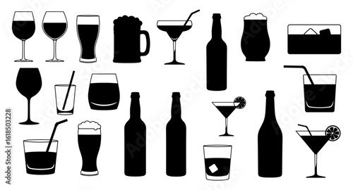 Silhouette collection of various beverage glasses and bottles