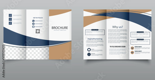 Professional and elegant trifold brochure template in blue and gold tones, ideal for digital marketing, corporate branding, or promotional materials. Clean layout with infographic icons and editable s