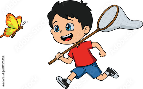 Happy boy chasing butterfly with net, playful child outdoors, cartoon kids activity, nature exploration, fun insect catching, summer adventure illustration