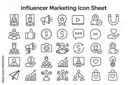 Influencer Marketing Icons: A set of minimalist line art icons representing various aspects of influencer marketing, perfectly suited for digital marketing campaigns.