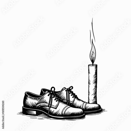 Candle beside classic old shoes creating warm atmosphere at home. Candle represents comforting light while shoes add character and nostalgia. Ideal setting for reflection and creative projects.