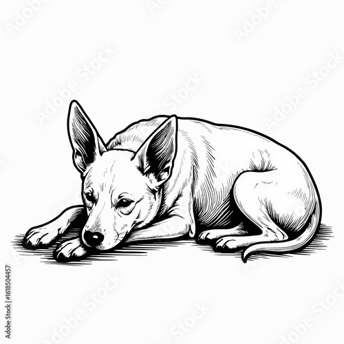 Relaxed dog resting on person's lap, showcasing soft fur and attentive ears, while lying comfortably on a smooth surface. Ideal emotional connection with pet owners who love their furry friends.