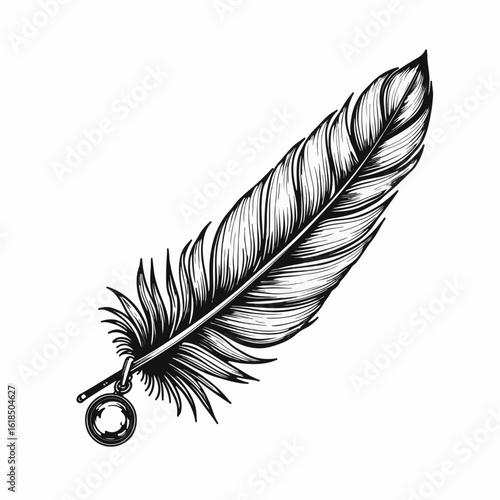 Intricate feather design with crystal pendant showcasing beauty and elegance. This feather accentuated by a crystal pendant symbolizes artistry and craftsmanship.