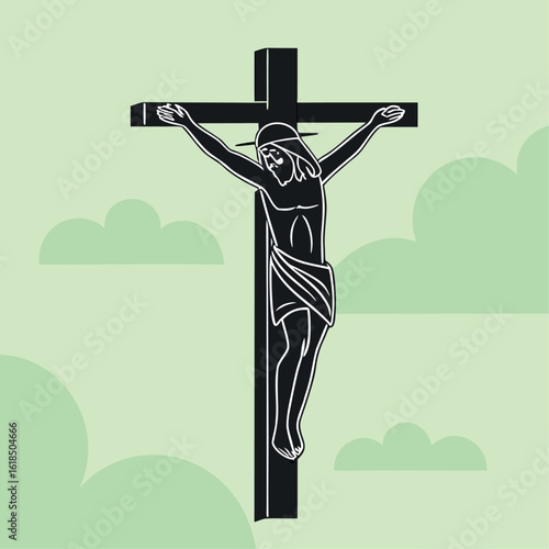 Jesus Christ is depicted on a black cross silhouette against a pale green cloudy sky