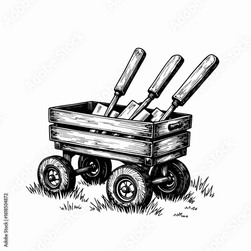 Garden cart with gardening tools resting on grass, featuring wooden crate and metal shovels. Garden cart showcases essential tools for outdoor activities,